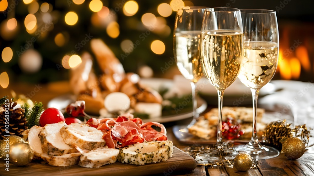 Festive table setting with charcuterie and sparkling wine during a holiday celebration. Festive table setting with charcuterie and sparkling wine during a holiday celebration.
