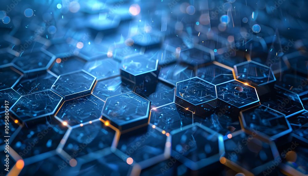 Obraz premium A stunning close-up of interconnected hexagonal patterns in blue tones, creating a futuristic and dynamic visual effect.