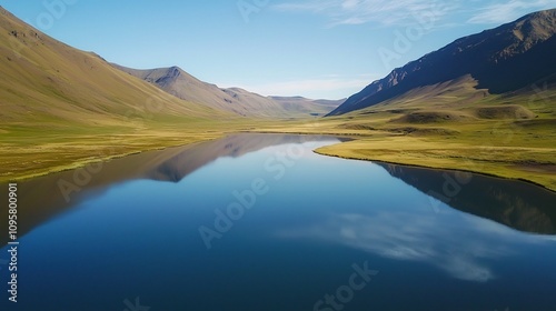 Breathtaking overhead view of a tranquil alpine lake with a perfect mirrored reflection of the surrounding majestic mountains and clear sky This serene