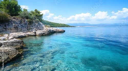 Crystal-Clear Aegean Sea Coastline: A Sunny Day in Greece. AI Generated