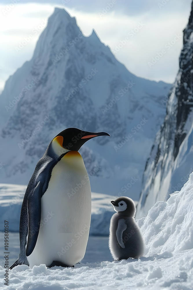 Fototapeta premium Majestic King Penguin and Chick in Antarctic Landscape