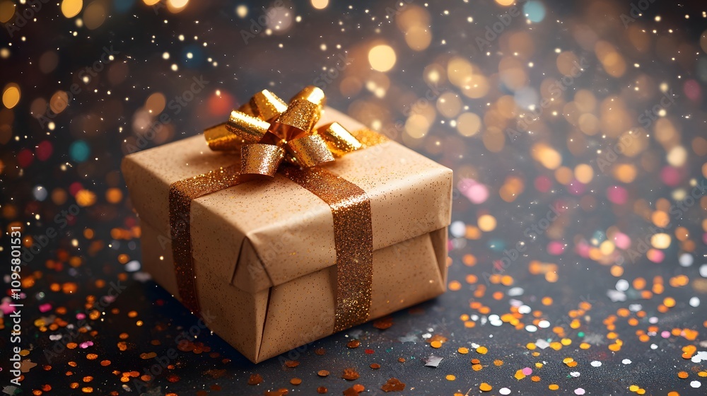 A beautifully wrapped gift box adorned with a golden bow. A beautifully wrapped gift box adorned with a golden bow.