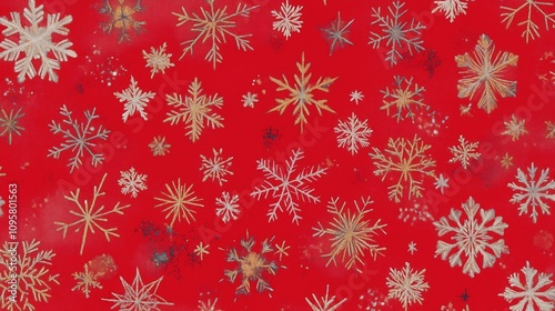 Golden Snowflakes on Vibrant Red Background

