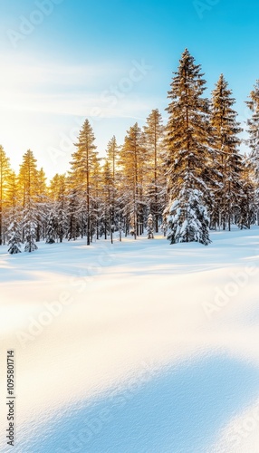 A snowy forest scene with tall pine trees at sunset. The snow is pristine and white with long shadows cast by the setting sun.