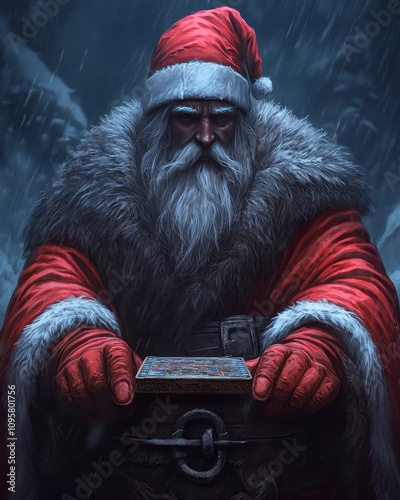 A stern Santa Claus presents a mysterious chest in a snowy, dark scene. photo