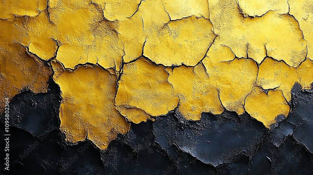 A surface with cracked, gold-yellow paint over dark black paint.
A surface with cracked, gold-yellow paint over dark black paint.