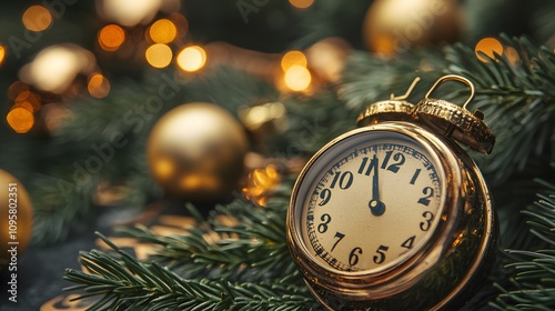 Golden alarm clock on festive greenery with ornaments and warm bokeh lighting.