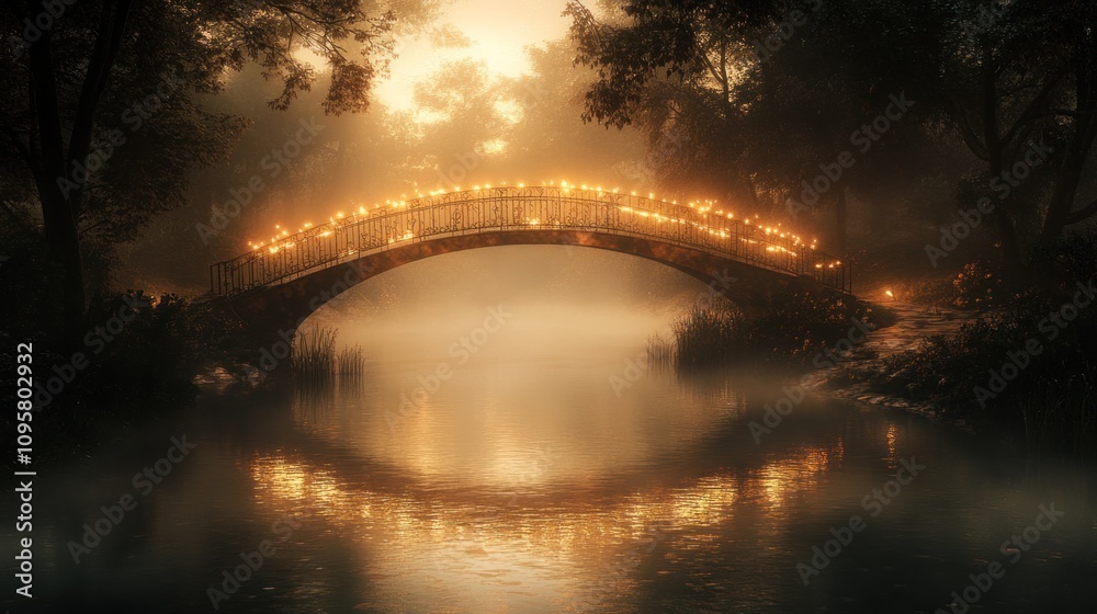 Enchanting stone bridge adorned with lights over a misty lake at sunset.