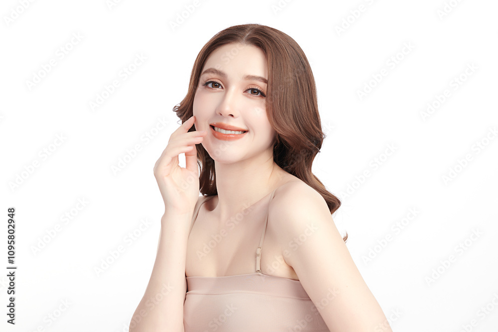 Beautiful young asian woman with clean fresh skin on white background, Face care, Facial treatment, Cosmetology, beauty and spa, Asian women portrait.