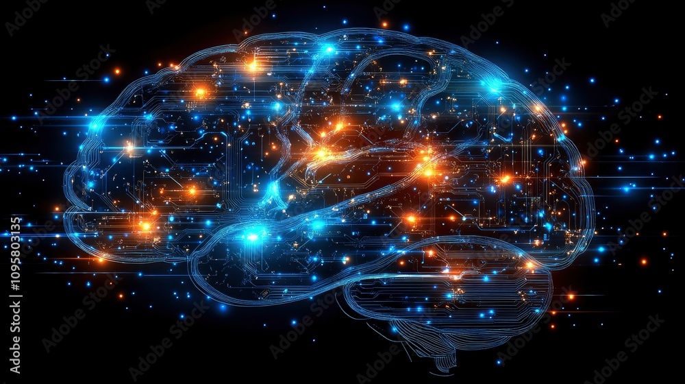 Obraz premium Futuristic digital brain with glowing connections and data streams