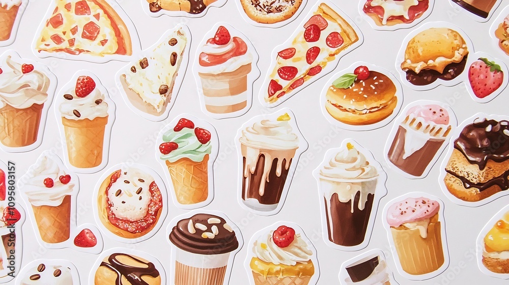 Colorful and Appetizing Food Themed Stickers Featuring a Variety of Delicious Desserts Tempting Treats and Scrumptious Snacks like Pizza Ice Cream Donuts Cakes and Coffee in a Playful Whimsical Design Colorful and Appetizing Food Themed Stickers Featuring a Variety of Delicious Desserts Tempting Treats and Scrumptious Snacks like Pizza Ice Cream Donuts Cakes and Coffee in a Playful Whimsical Design