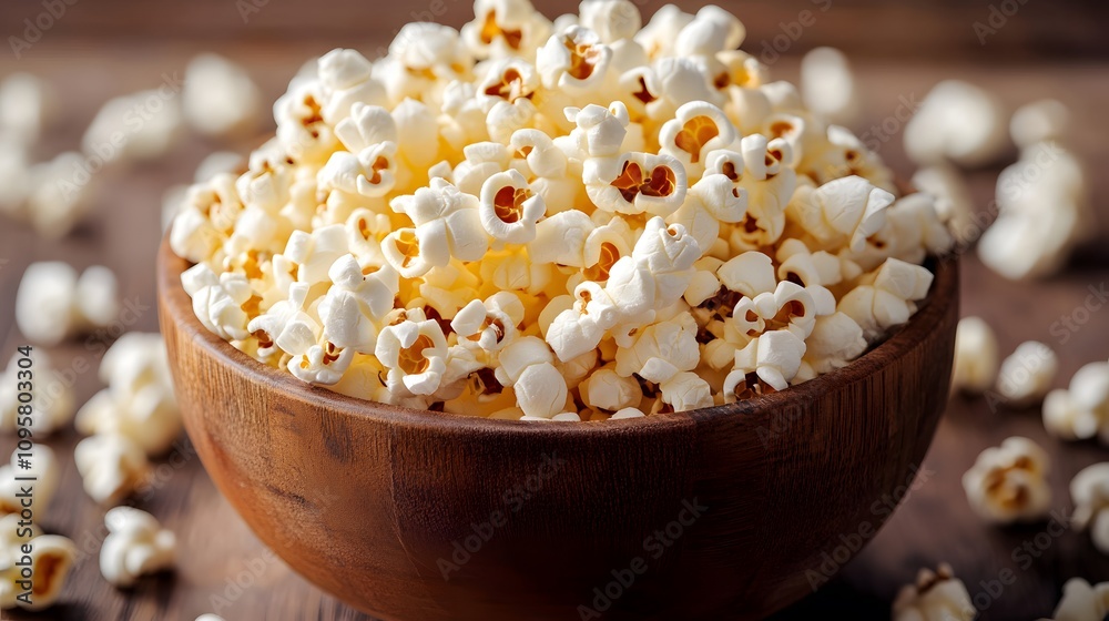 A rustic wooden bowl filled with fluffy popcorn on a wooden table. A rustic wooden bowl filled with fluffy popcorn on a wooden table.
