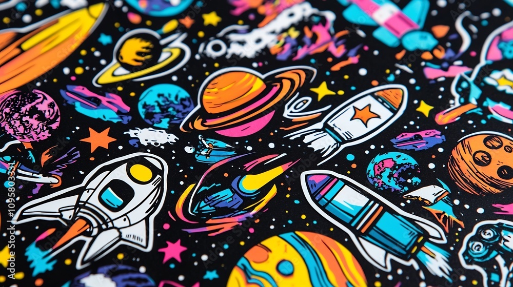 Colorful and Vibrant Space Themed Stickers Featuring Planets Stars Rockets and Astronauts in a Cosmic and Futuristic Style This is Perfect for Space Science Fiction Themed Designs Decor Colorful and Vibrant Space Themed Stickers Featuring Planets Stars Rockets and Astronauts in a Cosmic and Futuristic Style This is Perfect for Space Science Fiction Themed Designs Decor