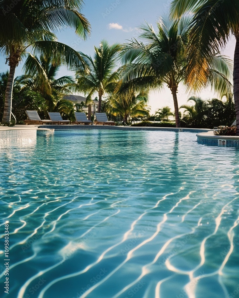 Luxury resort swimming pool with tropical palm trees, Paradise vacation desktop background scene Luxury resort swimming pool with tropical palm trees, Paradise vacation desktop background scene