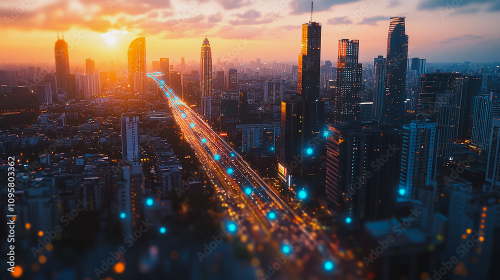 Fototapeta premium Smart digital Innovation city with connection network reciprocity over the cityscape. of future smart wireless digital city and social media networking systems that connects people with in city