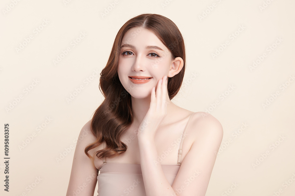 Beautiful young asian woman with clean fresh skin on beige background, Face care, Facial treatment, Cosmetology, beauty and spa, Asian women portrait. Beautiful young asian woman with clean fresh skin on beige background, Face care, Facial treatment, Cosmetology, beauty and spa, Asian women portrait.