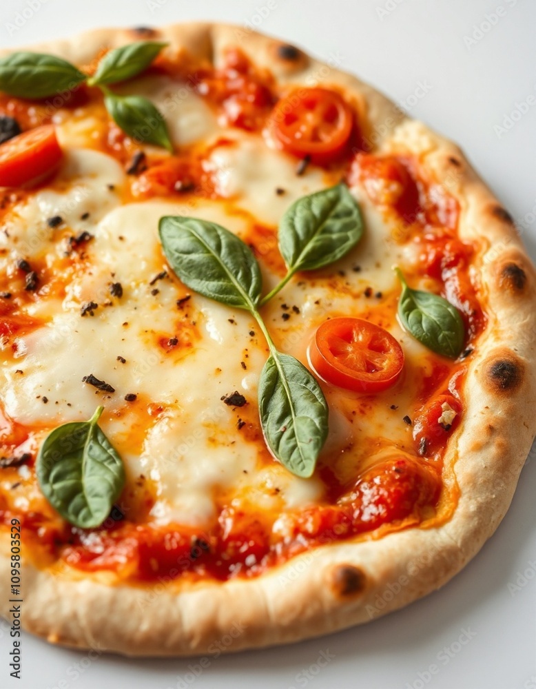 the close-up look of delicious pizza with tomato, cheese and basal leaf. the close-up look of delicious pizza with tomato, cheese and basal leaf.