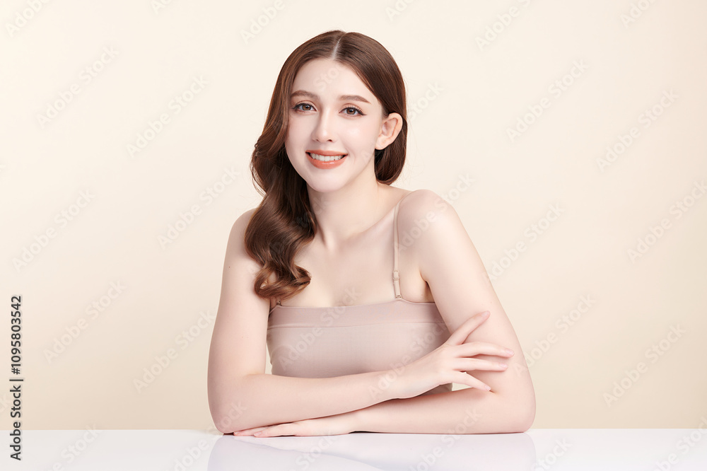 Beautiful young asian woman with clean fresh skin on beige background, Face care, Facial treatment, Cosmetology, beauty and spa, Asian women portrait. Beautiful young asian woman with clean fresh skin on beige background, Face care, Facial treatment, Cosmetology, beauty and spa, Asian women portrait.
