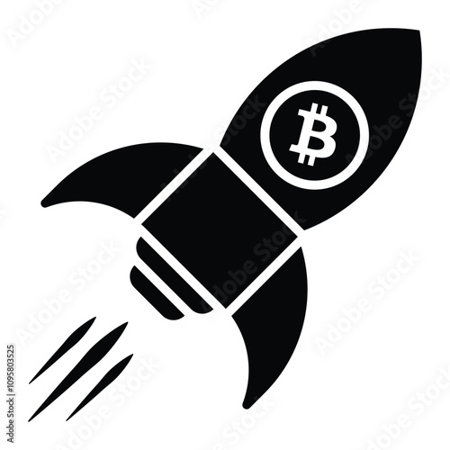 Bitcoin spaceship vector icon. BTC price skyrocket hit record high. Cryptocurrency rocket has gone to the moon. Crypto trading concept. Crypto market rising. Crypto currency hype.