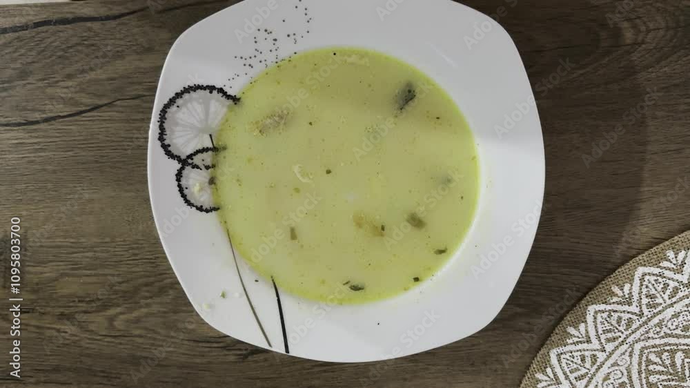 Varied Creamy Soup Served in White Bowl on Dining Table Varied Creamy Soup Served in White Bowl on Dining Table