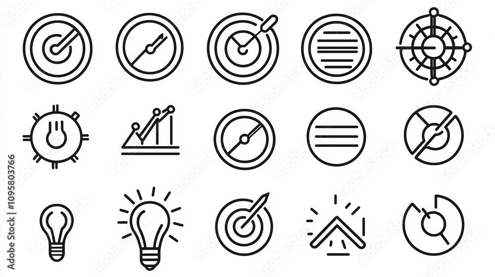 Comprehensive set of contemporary black and white outline icons covering various aspects of project management workflow optimization process improvement and target achievement strategies Comprehensive set of contemporary black and white outline icons covering various aspects of project management workflow optimization process improvement and target achievement strategies