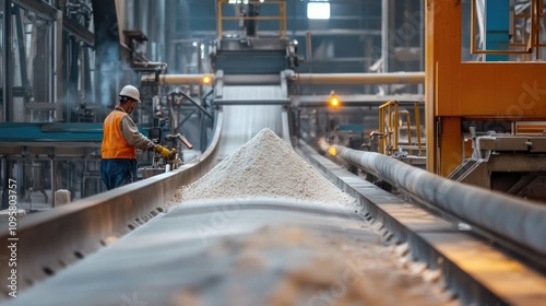 Conveyor belts moving gypsum powder in a large manufacturing facility, with workers overseeing the production of construction materials photo