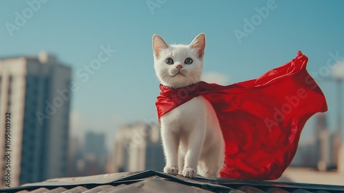 Confident White Cat Dressed as Superhero with Flowing Red Cape Standing Proudly on Rooftop Backdrop of Cityscape in the Background