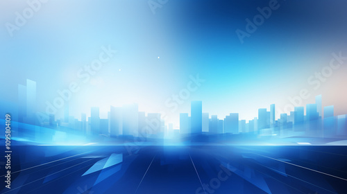 Night skyline illuminated by blue lights over the water, Futuristic light blue background