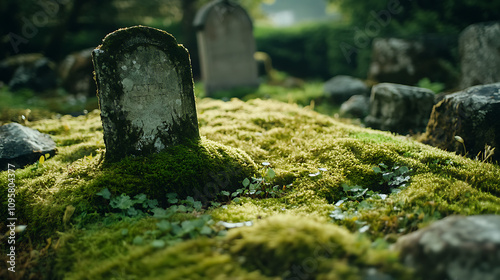 Ancient grave surrounded by overgrown moss and weathered stones, silent atmosphere, 8k, hyper realistic, real life based.