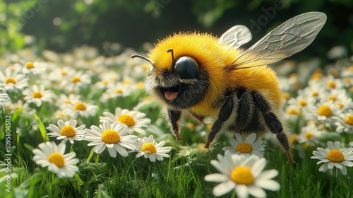 Cheerful bumblebee among blooming daisies in a sunny garden
