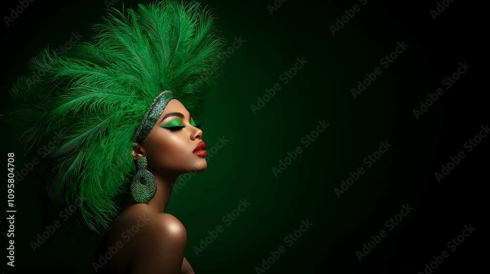 A striking portrait of a woman showcasing vibrant green makeup and accessories, embodying cultural creativity and artistic expression. A striking portrait of a woman showcasing vibrant green makeup and accessories, embodying cultural creativity and artistic expression.