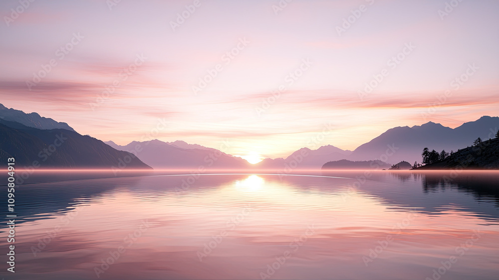serene pink and gray sunrise over calm water with mountains serene pink and gray sunrise over calm water with mountains