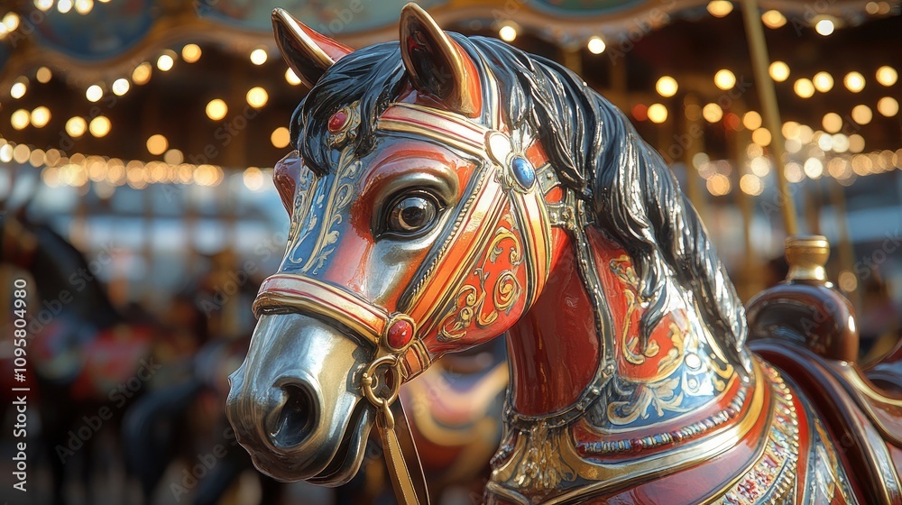 Close-up of a beautifully crafted carousel horse in vibrant colors Close-up of a beautifully crafted carousel horse in vibrant colors