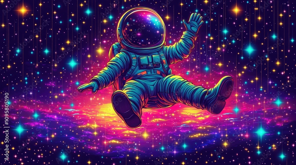 Naklejka premium Astronaut floating in a vibrant cosmic landscape filled with stars