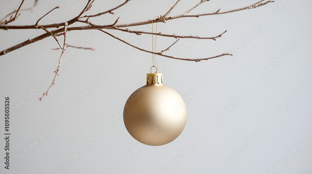 Elegant matte gold christmas ornament hanging from a bare branch minimalist decor holiday spirit indoor setting close-up view Elegant matte gold christmas ornament hanging from a bare branch minimalist decor holiday spirit indoor setting close-up view