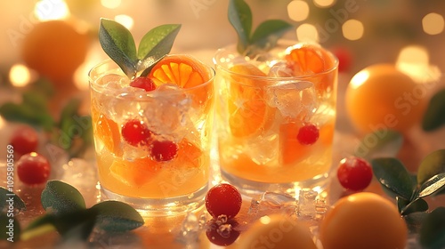 Refreshing citrus cocktails with orange slices and cherries on a festive table.