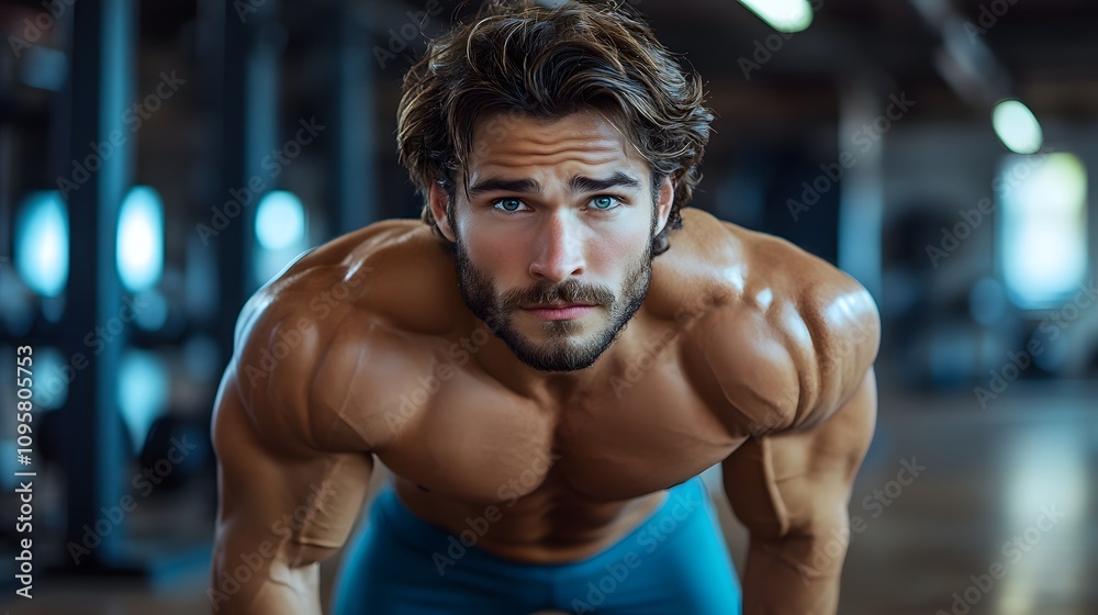 Muscular Caucasian man working out in a gym, showcasing determination and strength.