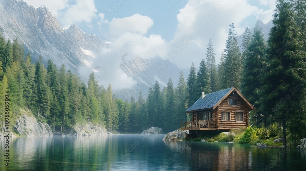 Secluded cabin by mountain lake. Secluded cabin by mountain lake.