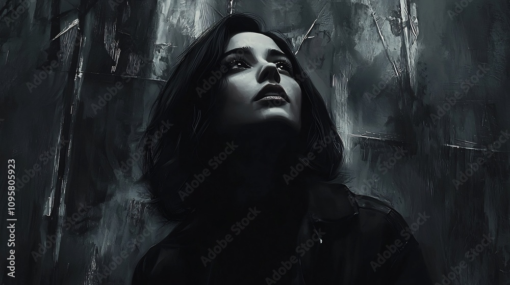 Dramatic digital artwork featuring a mysterious woman gazing upward framed by moody shadows and dark abstract strokes with faint structural elements Dramatic digital artwork featuring a mysterious woman gazing upward framed by moody shadows and dark abstract strokes with faint structural elements