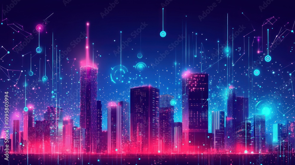 Futuristic cityscape at night with vibrant neon lights and digital network connections.