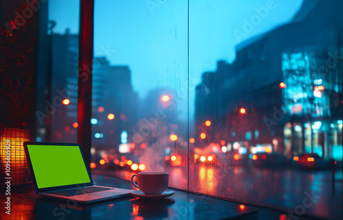 A cozy rainy night cityscape with a laptop and a cup of coffee. Perfect for creating a calming and productive atmosphere.