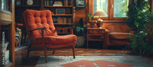 A cozy living room with a leather armchair and natural light. Perfect for creating a relaxing and inviting atmosphere.