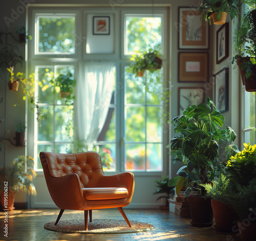 A cozy living room with a leather armchair and natural light. Perfect for creating a relaxing and inviting atmosphere.