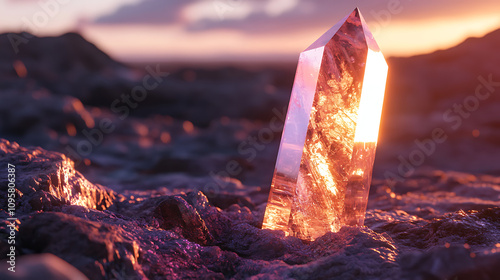 Genuine crystal shard reflecting sunlight on rocky terrain, vibrant hues, 8k, hyper realistic, real life based photo