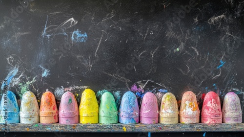 Colorful chalk pieces lined up against a chalkboard background photo