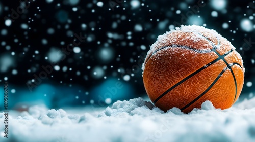 A vibrant basketball rests on a snowy surface, encapsulating the contrast of winter and sports culture in a captivating scene.