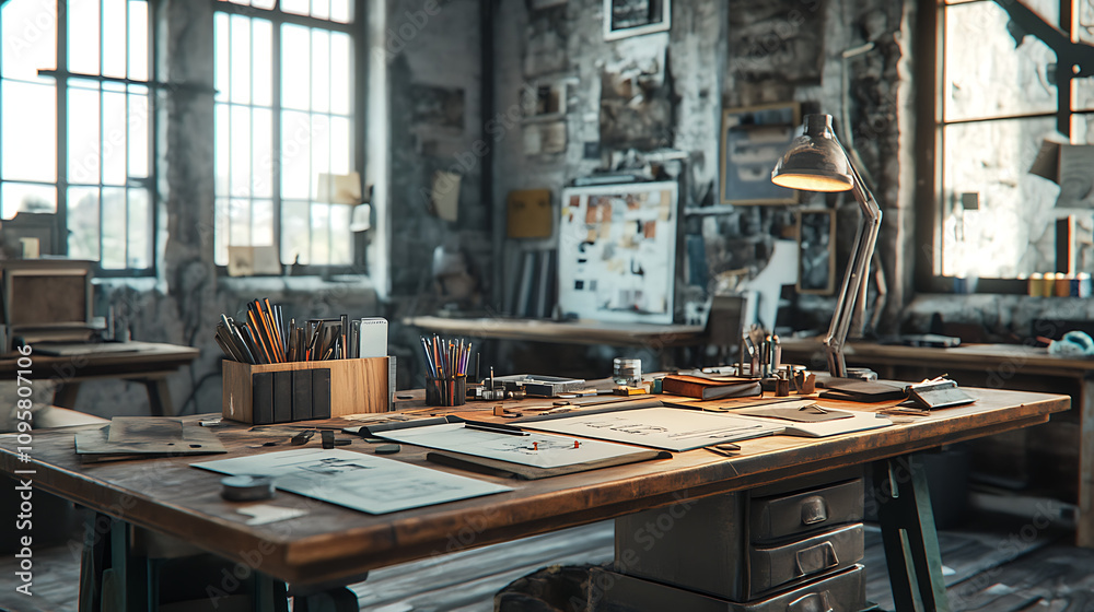 Graphic design tools scattered over rustic desk in abandoned studio, 8k, hyper realistic, real life based. Graphic design tools scattered over rustic desk in abandoned studio, 8k, hyper realistic, real life based.