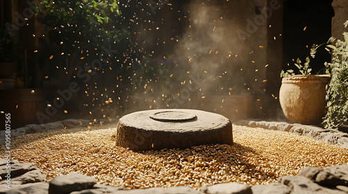 Grinding millstone surrounded by scattered wheat grains, rustic setting, 8k, hyper realistic, real life based. photo