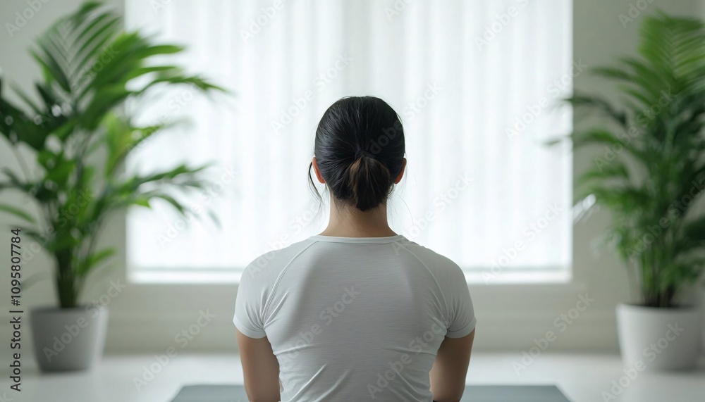 A woman practicing mindfulness and meditation in a serene indoor setting surrounded by lush green plants. A woman practicing mindfulness and meditation in a serene indoor setting surrounded by lush green plants.