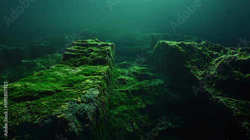 Gross accumulation of algae covering ancient stone underwater, eerie green glow, 8k, hyper realistic, real life based. photo